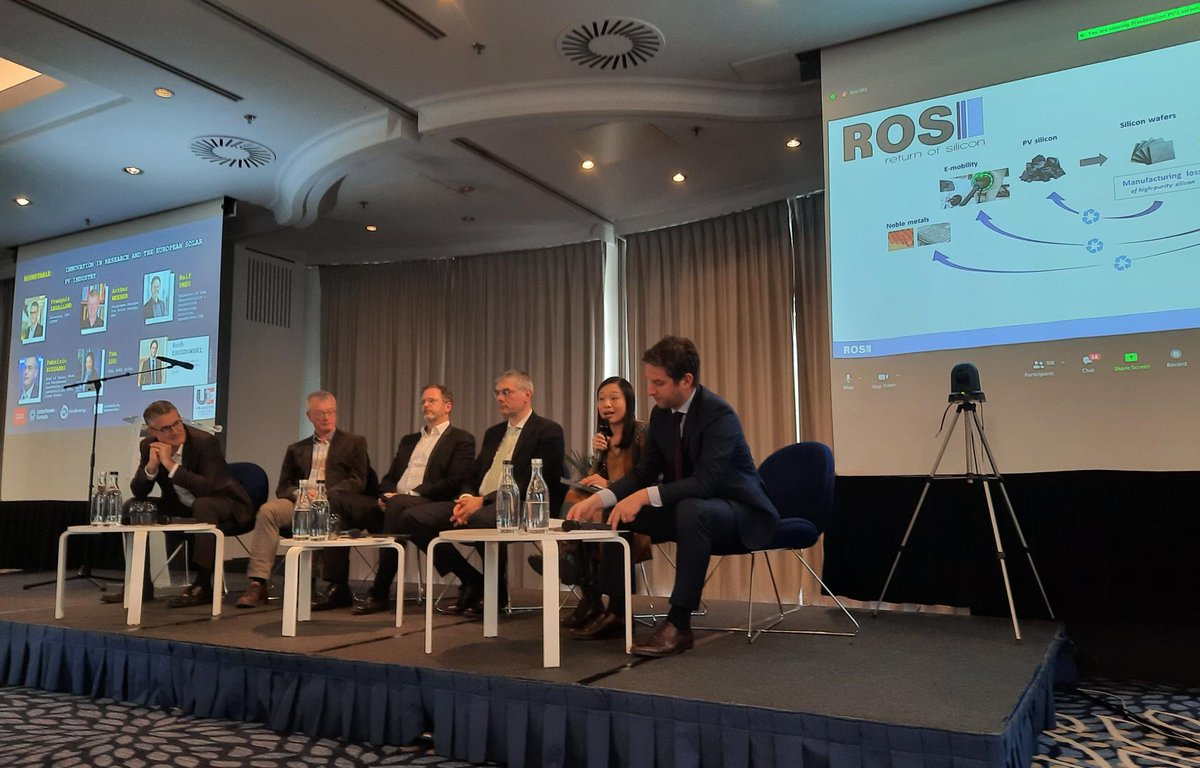 SolarPowerEU's tweet photo. Yun Luo, from #ROSISolar:

"ROSI looks at recycling &amp; revalorization of the highly-pure raw materials involved in solar like #polysilicon. Now we have competitive advantages with the first dedicated processing line - but for how long?" https://t.co/E7oix9MWFQ