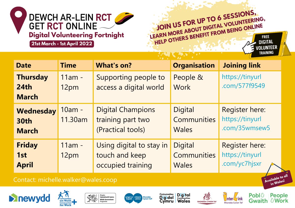 Interested in #DigitalVolunteering? Or want to develop #DigitalChampions in your organisation?

Get RCT Online’s Digital Volunteer Fortnight brings you a webinar series packed with expert tips and is an opportunity to gain support and training. Here’s more 👇
