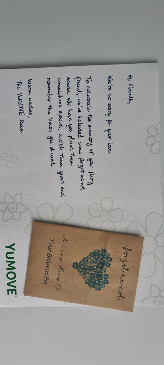 garethpembs's tweet photo. Thank you so much @YuMOVE l didn't expect a refund for Roxys last subscription and now you've sent us a card and Forget me not seeds. Exceptional customer service, so grateful  🐾 https://t.co/DnUHNJUy3e