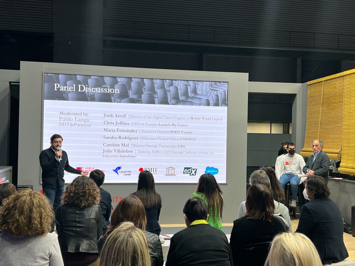 EDT's <a href="/alangreenberg/">alan greenberg</a> hosted a panel session at the #MWC22 about the future of HED. 

👏Thanks to the panelists  
<a href="/jordiarrufi/">Jordi Arrufí</a> | <a href="/MWCapital/">Mobile World Capital Barcelona</a>
Sandra Rodríguez | <a href="/UNESCO/">UNESCO 🏛️ #Education #Sciences #Culture 🇺🇳</a> 
Chris Jeffries | Launch My Career
<a href="/JulioVillal0b0s/">Julio Villalobos</a> | <a href="/salesforce/">Salesforce</a>
Caroline Mol | <a href="/edXOnline/">edX</a>
<a href="/MartaFBertos/">Marta Fernandez</a> | <a href="/RMIT/">RMIT University</a>