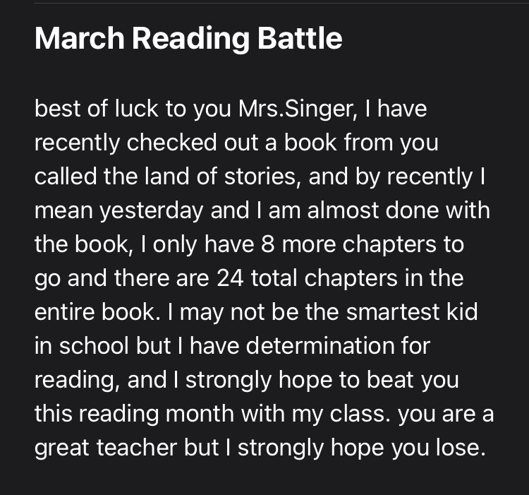 bethany_singer's tweet photo. Threw out a challenge to my classes that I could read more books in March than they would as a collective group- received this email as a response. #challengeaccepted #lovemystudents https://t.co/Vv14KKhJjO