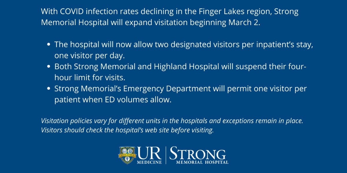 UR_Med's tweet photo. Expanded visitation at #StrongMemorial Hospital begins Wednesday.
For more on visitation: https://t.co/GJIn4XuRtp https://t.co/VcPLCzECMR