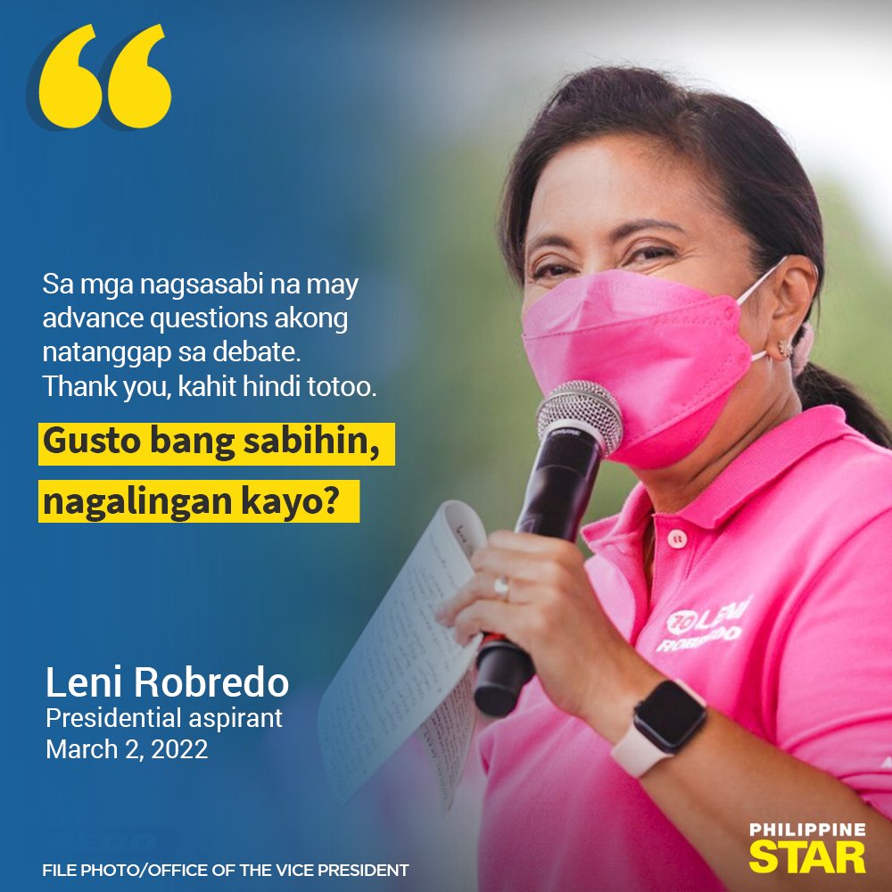 PhilippineStar's tweet photo. ‘NAGALINGAN KAYO?’

Presidential aspirant and Vice President Leni Robredo fired back at “trolls” on Wednesday night who claim that she was given “advance questions” during the CNN Presidential Debates. (Facebook/Leni Robredo) https://t.co/F1ON8XZaxz