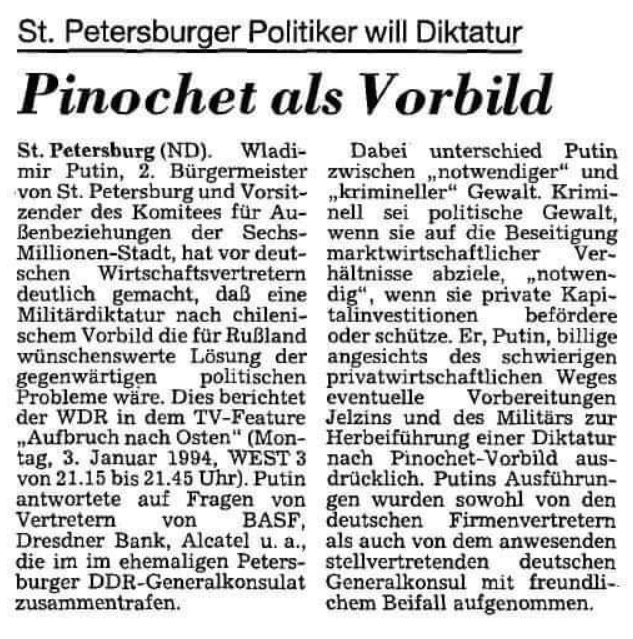 JankoTietz's tweet image. Die Meldung stand am 31.12.1993 auf Seite 6 im Neuen Deutschland, ist kein Fake. Eine Kollegin hat beim ND nachgefragt, sie bestätigten, dass der Ausriss im Archiv gefunden wurde. Putins Ausführungen "wurden von deutschen Firmenvertretern...mit freundlichem Beifall aufgenommen."
