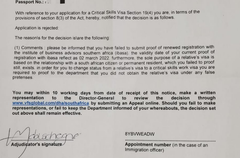 DHA_DecisionsMP's tweet photo. Another non-sensical rejection, not looking at the merits of the application and referring to made up requirements and processes. We challenge the #DHA to interpret what their employee is saying?
@HomeAffairsSA
@SADHomeAffairs
@PresidencyZA
@the_dti
@PConHomeAffairs
@DIRCO_ZA https://t.co/vd5shW3gV5