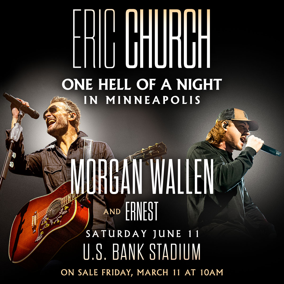 1029TheWolfMN's tweet photo. JUST ANNOUNCED: The Chief @ericchurch &amp; @MorganWallen are coming to @usbankstadium Saturday June 11th! Tickets on sale March 11th at 10am with WOLF pre-sale Wednesday March 9th--join WOLFPACK for pre-sale CODE! #AWESOME #1029thewolfmn #wolfpackmn #thunderandPT https://t.co/MSV8aqqrt2