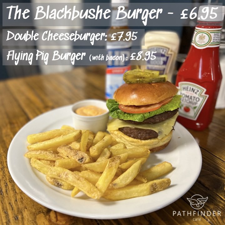 Our Blackbushe Burgers are on special this week - starting at £6.95 including skin on fries.  If you’ve got a big appetite - try our Flying Pig 🐽 Burger double cheeseburger &amp; bacon) for just £8.95
#blackbushe #blackbusheairport #airportcafe #pathfindercafe