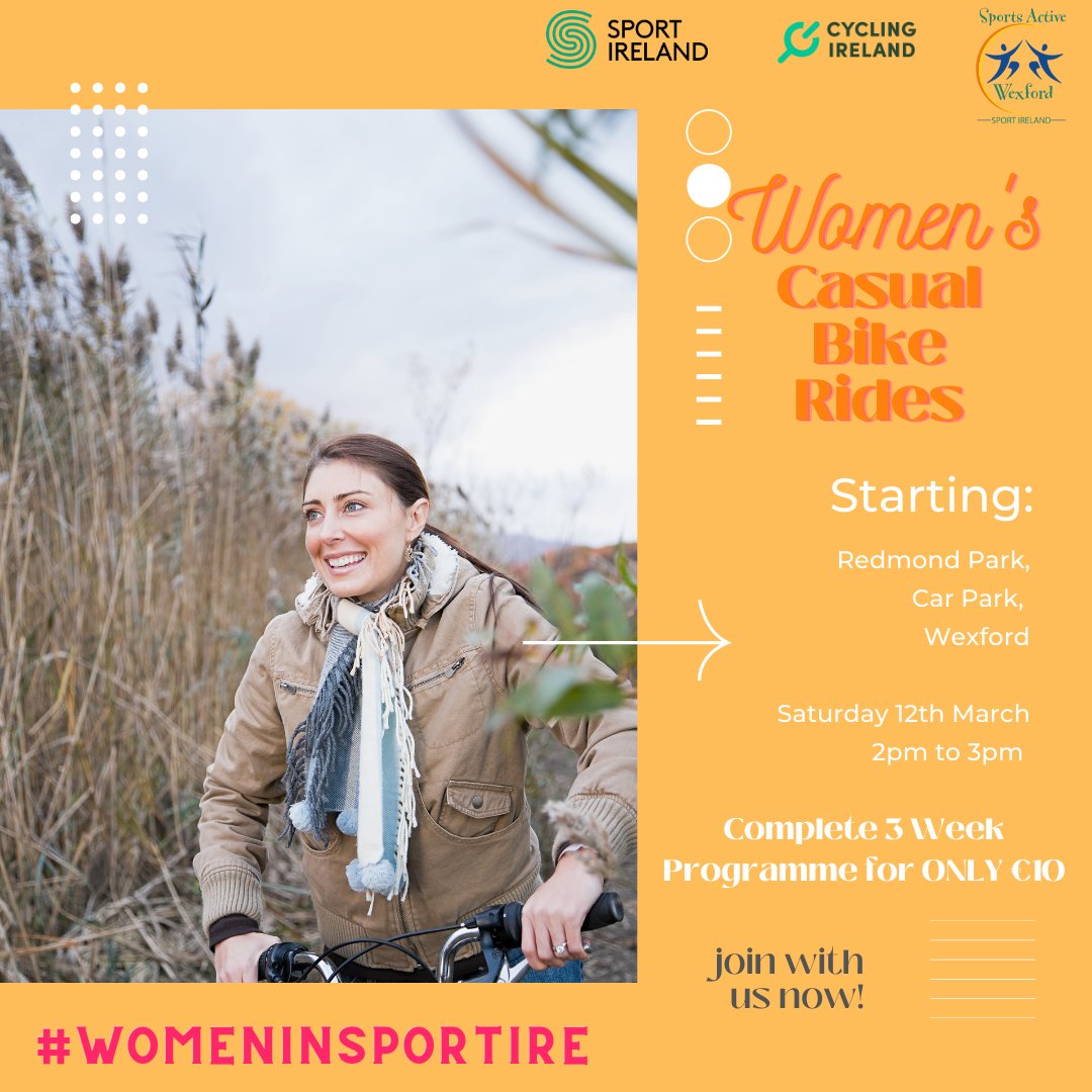 SportActiveWex's tweet photo. Another activity for Women In Sport week!
Women's Casual Bike Rides commencing 12th March, 2pm - 3pm.   Complete a 3 week programme for only €10.00
To book your place, email anna.flynn@wexfordcoco.ie 

#BeActive #WomenInSportIre #HealthyWexford #LetsGetBack https://t.co/QwgzZpkqpI