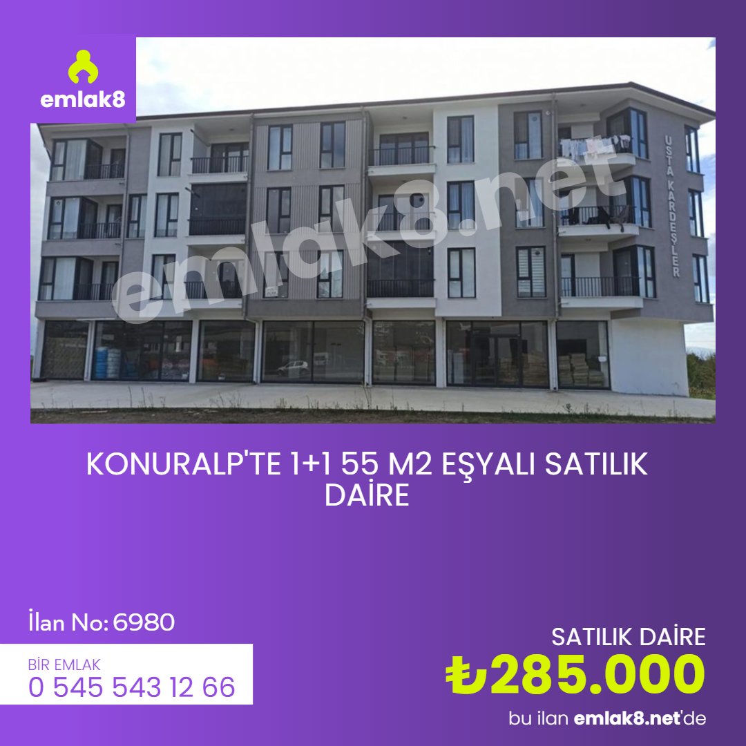KONURALP'TE 1+1 55 M2 EŞYALI SATILIK DAİRE
Fiyat: 285,000 TL
İlan No : 6980
Emlak Ofisi : <a href="/duzcebiremlak/">duzcebiremlak</a>
emlak8.net
Aradığın evi bul.
#emlak #emlak8 #satılık #kiralık #daire #ev #yapı #satılıkdaire #kiralıkdaire #kiralıkdükkan