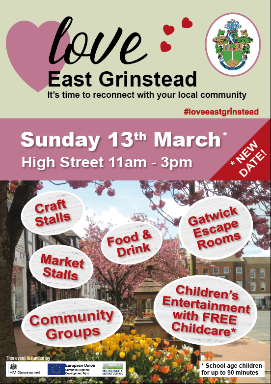 Come along to meet community groups, clubs, charities &amp; small local businesses, East Grinstead Museum, Kings Centre, South East Water &amp; Virgin Media. Free children’s entertainers &amp; free childcare &amp; the <a href="/gatwickescaper2/">gatwickescaperooms</a>  offering free 15 min games. Come along for a great day out!