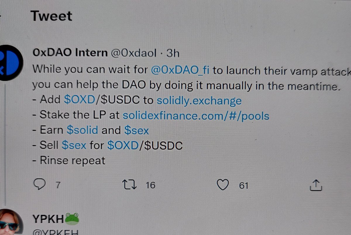 YPKEH's tweet photo. @0xdaoI @0xDAO_fi For now i go with your earlier suggestion from a couple of days ago. And convert Solid for Solidsex to stake. ? https://t.co/ZNrLVIDfSm