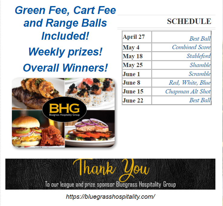 Playgolflex's tweet photo. New for 2022!
Play Golf Lex Team League at Kearney  
 - 2 Player Teams
 - Wednesdays :: 6:00 PM Shotgun
 - Fun, casual, different formats
 - All levels of players (Handicapped)

Thank you to our league and prize sponsor @bhgrestaurants 
For more info visit https://t.co/MUJhvTjEEY https://t.co/eMnEVgqHGL