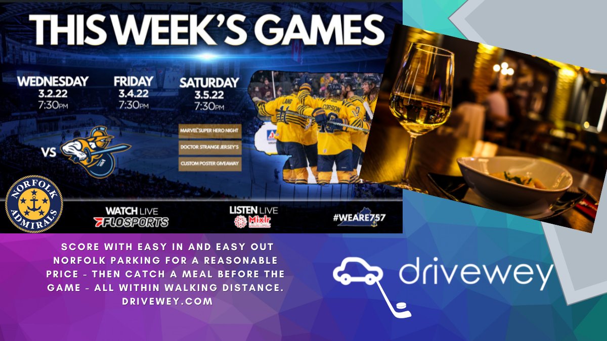 drivewey's tweet photo. The Admirals are back on home ice for a three-game set against the Atlanta Gladiators. Come on out, park with Drivewey, head to the Scope for exciting Admirals hockey!  With our inexpensive parking you can even afford to catch a meal prior to game time.  https://t.co/u0IYAkVxgG https://t.co/V5UptdGqKV