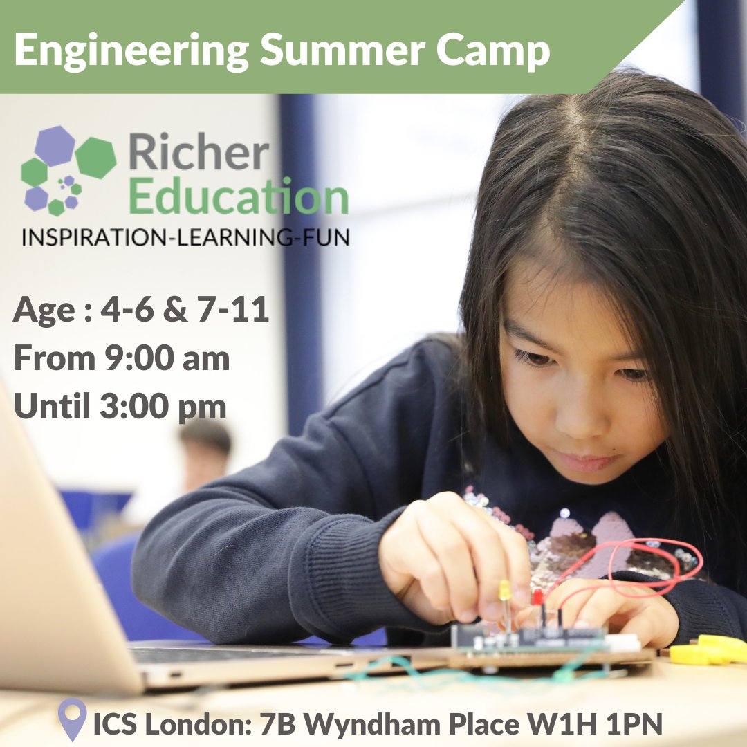 <a href="/RicherEducation/">Richer Education</a> will be using our primary campus to run an #EngineeringSummerCamp from 27 June until 12 August. The camp is for children aged 4-6 and 7-11 and will run from Monday to Friday, 9 to 15:00.
More here: hubs.ly/Q015blqQ0 #summercamplondon