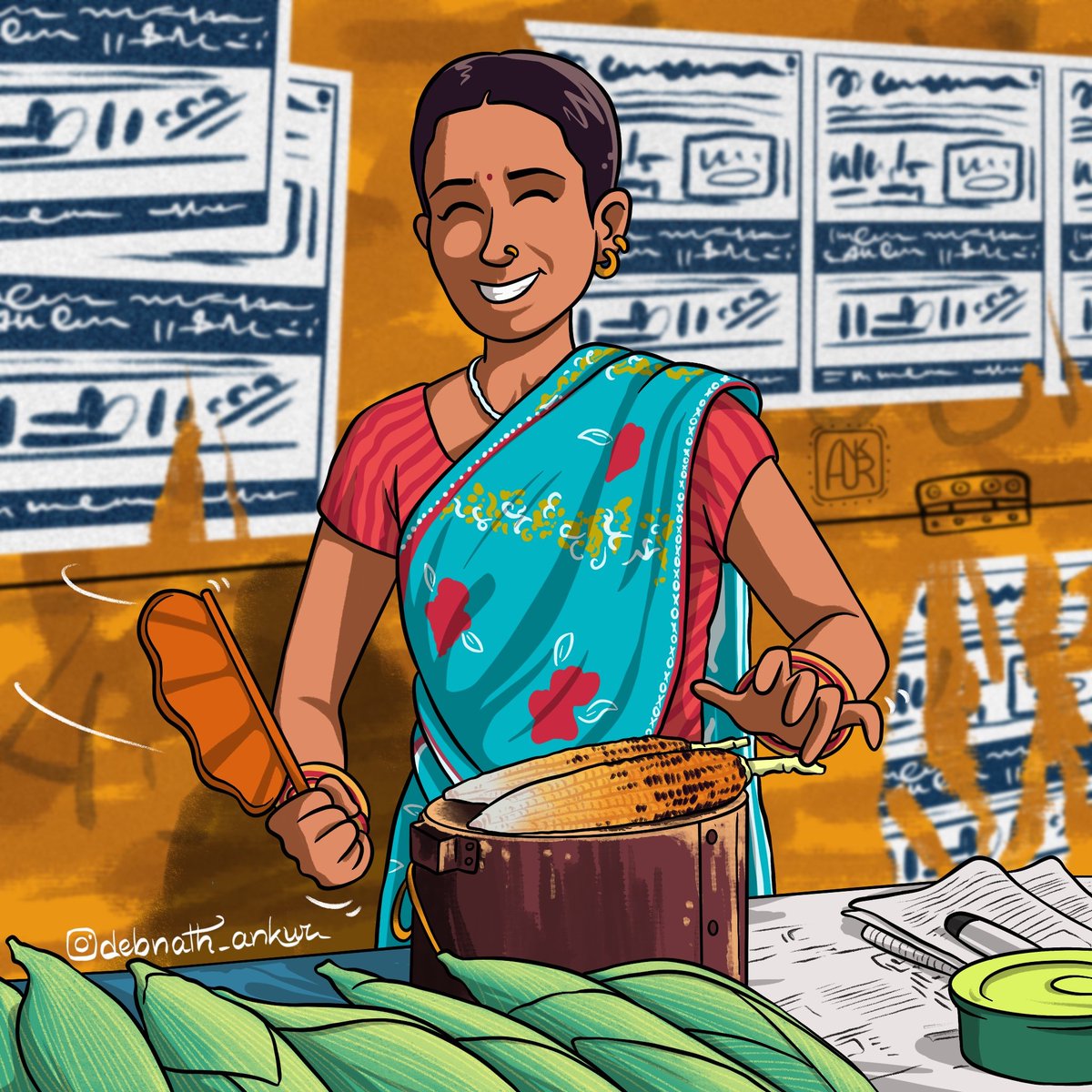 AnkurDebnath55's tweet photo. Saw this lady making "Roasted Corns" while coming back from college and did this illustration of her☺️☺️🌽🌽
#procreate #digitalart #illustration #OC https://t.co/sjONiwk5TY
