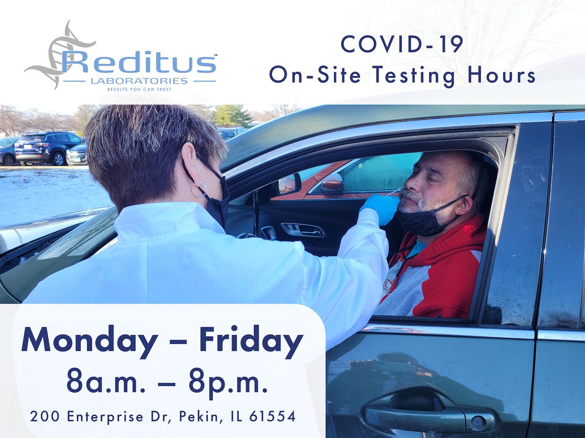 Reditus Laboratories has resumed offering drive-up COVID-19 testing at 200 Enterprise Drive, Pekin, effective immediately. This service is available to the public from 8 a.m. to 8 p.m. Monday through Friday.