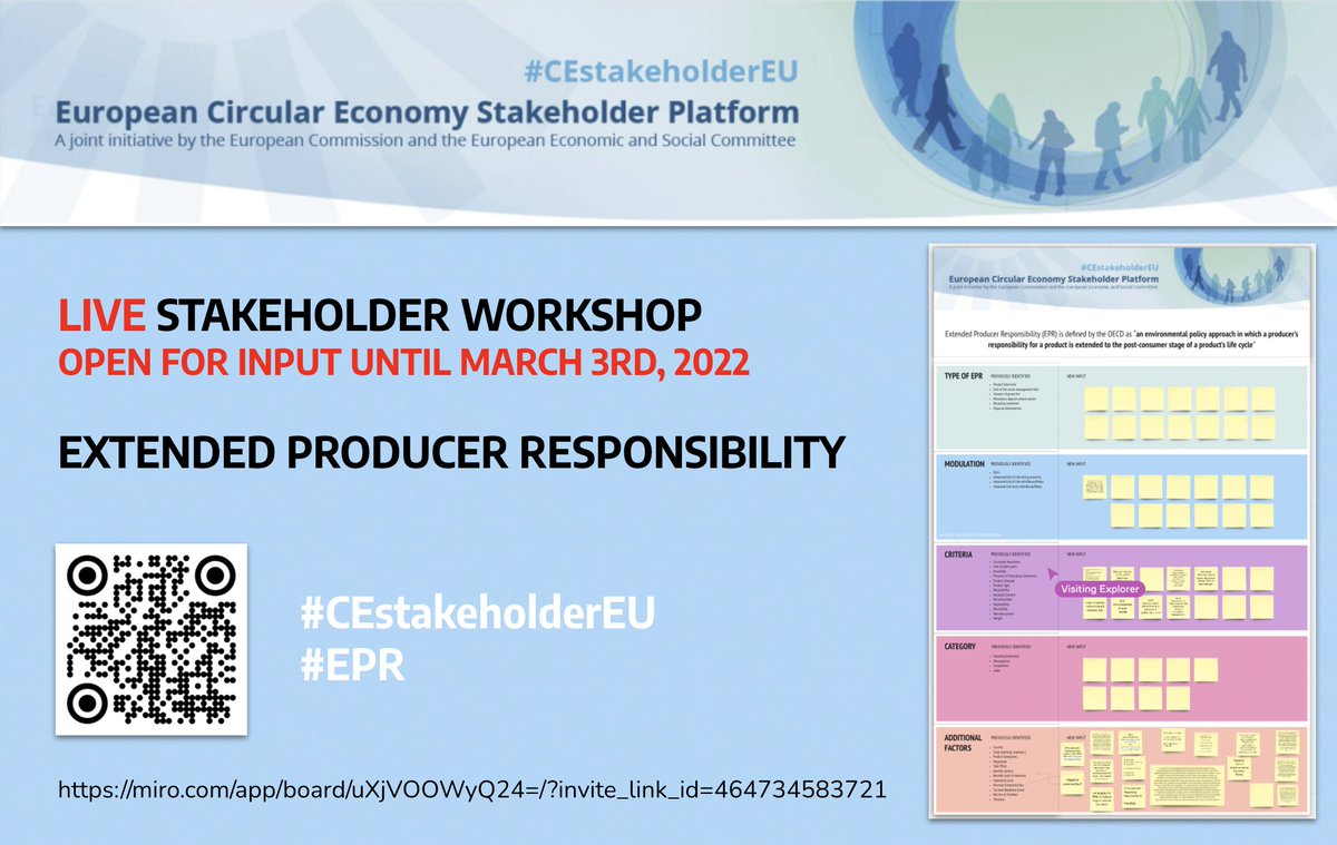Invitation to provide input on #ExtendedProducerResponsibility #datapoints as part of the #CEstakeholderEU conference - open for input until March 3rd #EconomicIncentives
miro.com/app/board/uXjV…