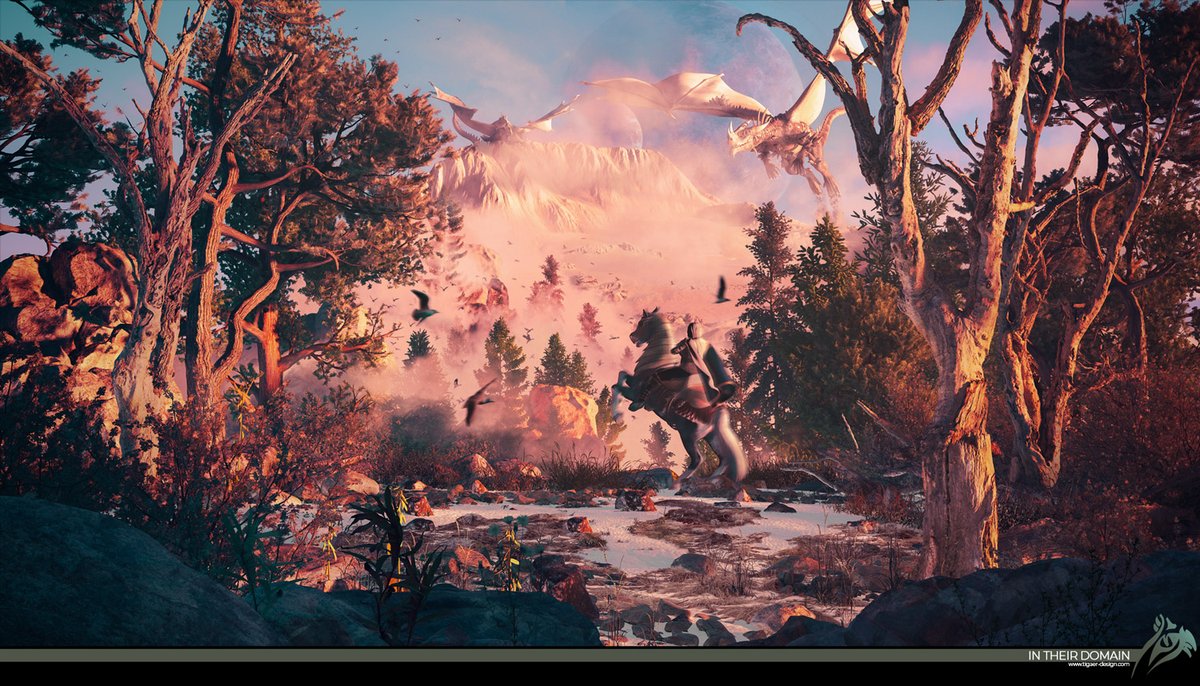 tigaer's tweet photo. "In Their Domain" - Specific Info: https://t.co/SmNiFHeQBG #fantasy #vfx #cgi #landscape #winter #sunset #dragons #snow #mountains #environment #digitalart #forest #design #ArtistOnTwitter https://t.co/tjNQxc5XMp