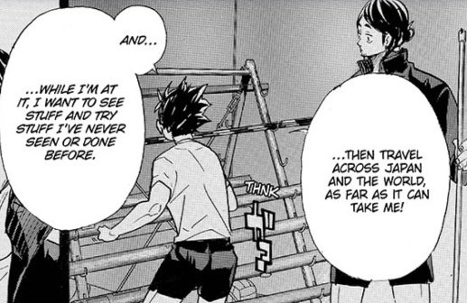 in ch 386, this was the chapter that revealed time-skip nishinoya and since highschool he told asahi that he wanted to "try stuff i've never seen or done before" and it was evident that he truly loves adventures.

"being good means being free" his quote will remain legendary https://t.co/nEfCHzFNcf 