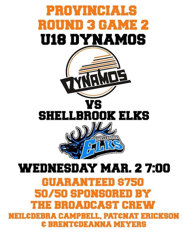 Game day!!! Come out and cheer on the U18 Dynamos! Guaranteed 50/50 pot starts at $750!! Sponsored by our very own broadcast crew.