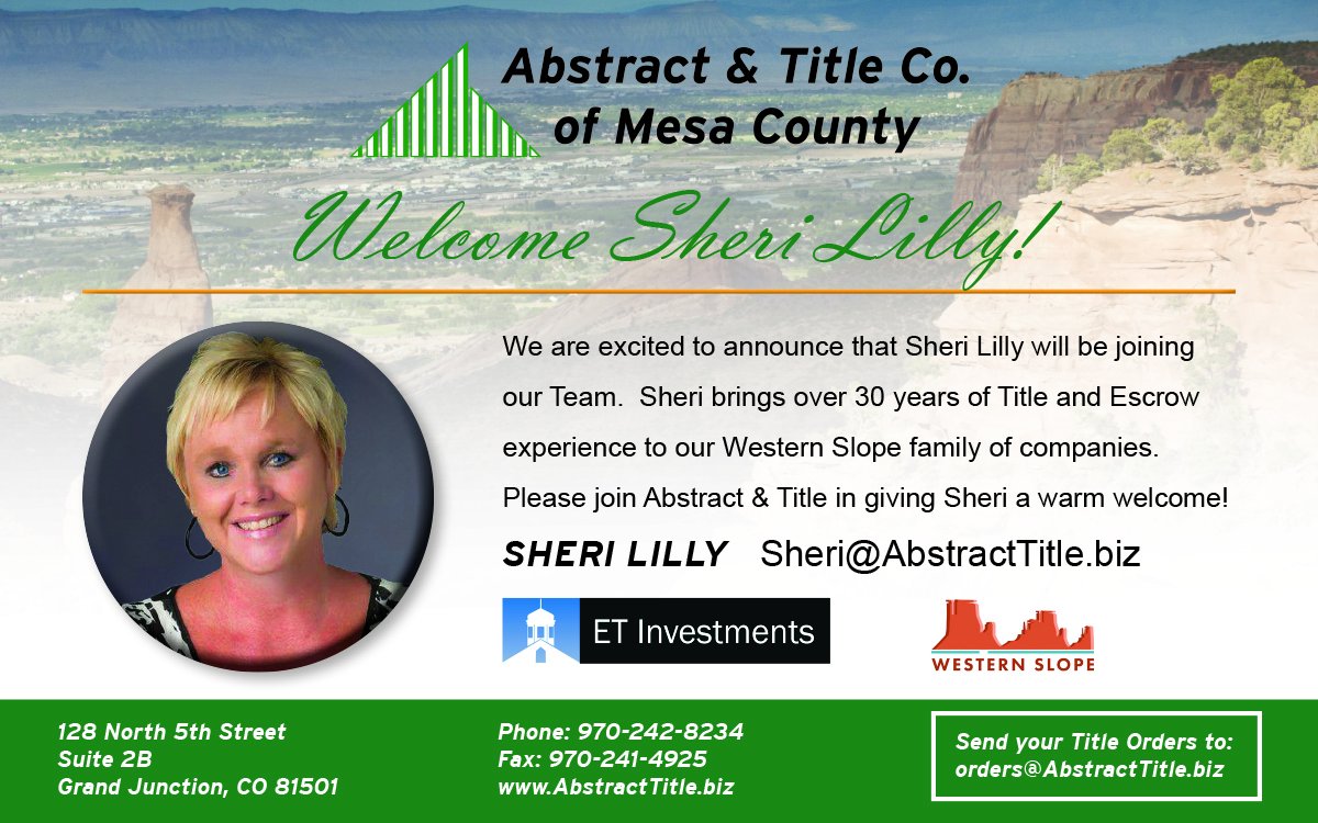 We are excited to announce that Sheri Lilly will be joining our Team.  Sheri brings over 30 years of Title and Escrow experience to our Western Slope family of companies.  Please join Abstract & Title in giving Sheri a warm welcome!

#abstractandtitle #mesacounty #grandjunction