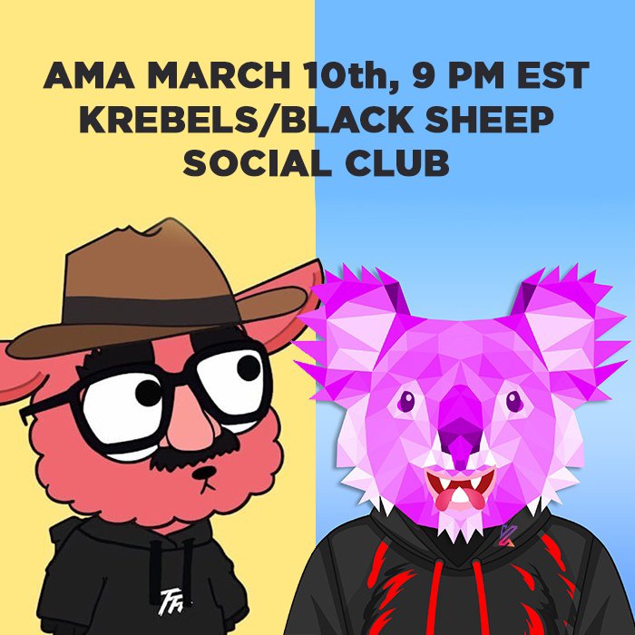 KRebels (@the_krebels) on Twitter photo ❗Thursday, March 10th, 9 PM EST: Join us for a Twitter Spaces conversation with <a href="/BlackSheepSCNFT/">Black Sheep Social Club | MINTED OUT</a> 🐑🤝🐨⠀
⠀
#ETH #giveaways and other surprises! 💥⠀
⠀
Don't miss it! ✨ ❗Thursday, March 10th, 9 PM EST: Join us for a Twitter Spaces conversation with <a href="/BlackSheepSCNFT/">Black Sheep Social Club | MINTED OUT</a> 🐑🤝🐨⠀
⠀
#ETH #giveaways and other surprises! 💥⠀
⠀
Don't miss it! ✨