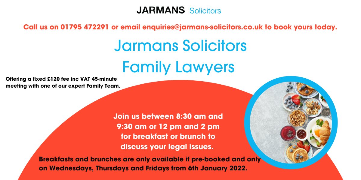 Jarmans Family Law Solicitors are now offering a 45-minute pre-bookable breakfast or lunchtime meeting to discuss all your family law needs.

bit.ly/3L14qCz 

#family #familylaw #meeting #legaladvice #prebook #sittingbourne #kent #meet #breakfast #brunch #lunch