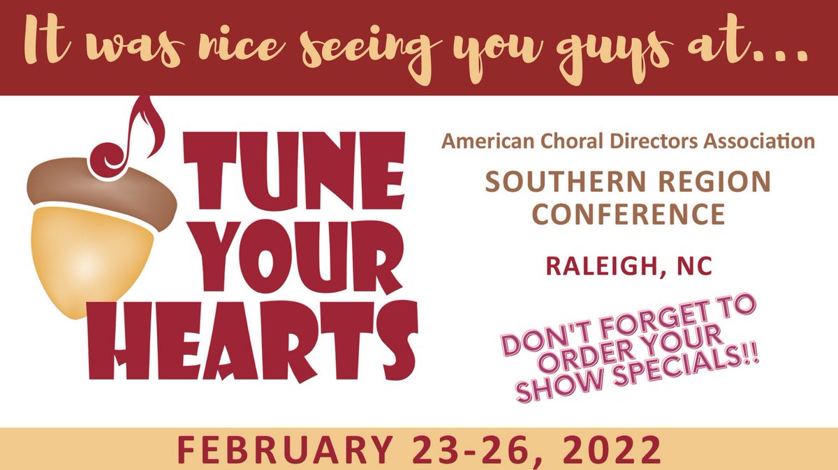 It was great seeing you in Raleigh last week at the #ACDA Southern Conference! Don't forget to order your show specials!
<a href="/ACDASouthern/">ACDA Southern</a> @NCACDA <a href="/ACDANational/">ACDA</a>
