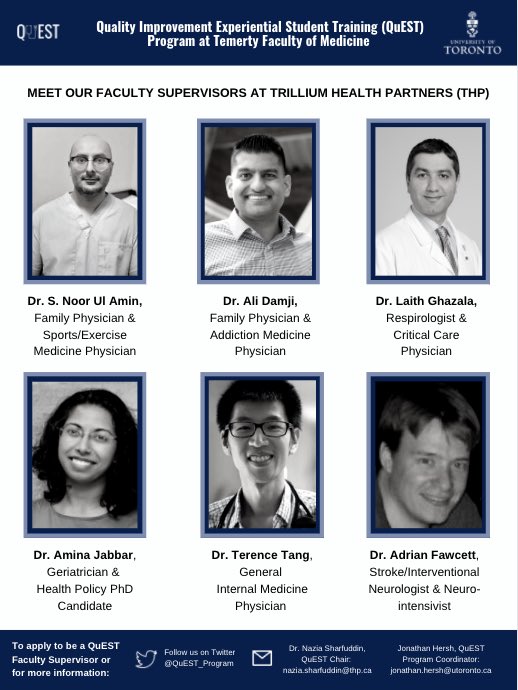 Meet our inaugural QuEST faculty supervisors from <a href="/THP_hospital/">Trillium Health Partners</a>! These physician leaders supervise our student #QIPS projects. They are an invaluable part of our <a href="/QuEST_Program/">QuEST Program</a> team! Keep reading for more information about each of our amazing faculty supervisors👇