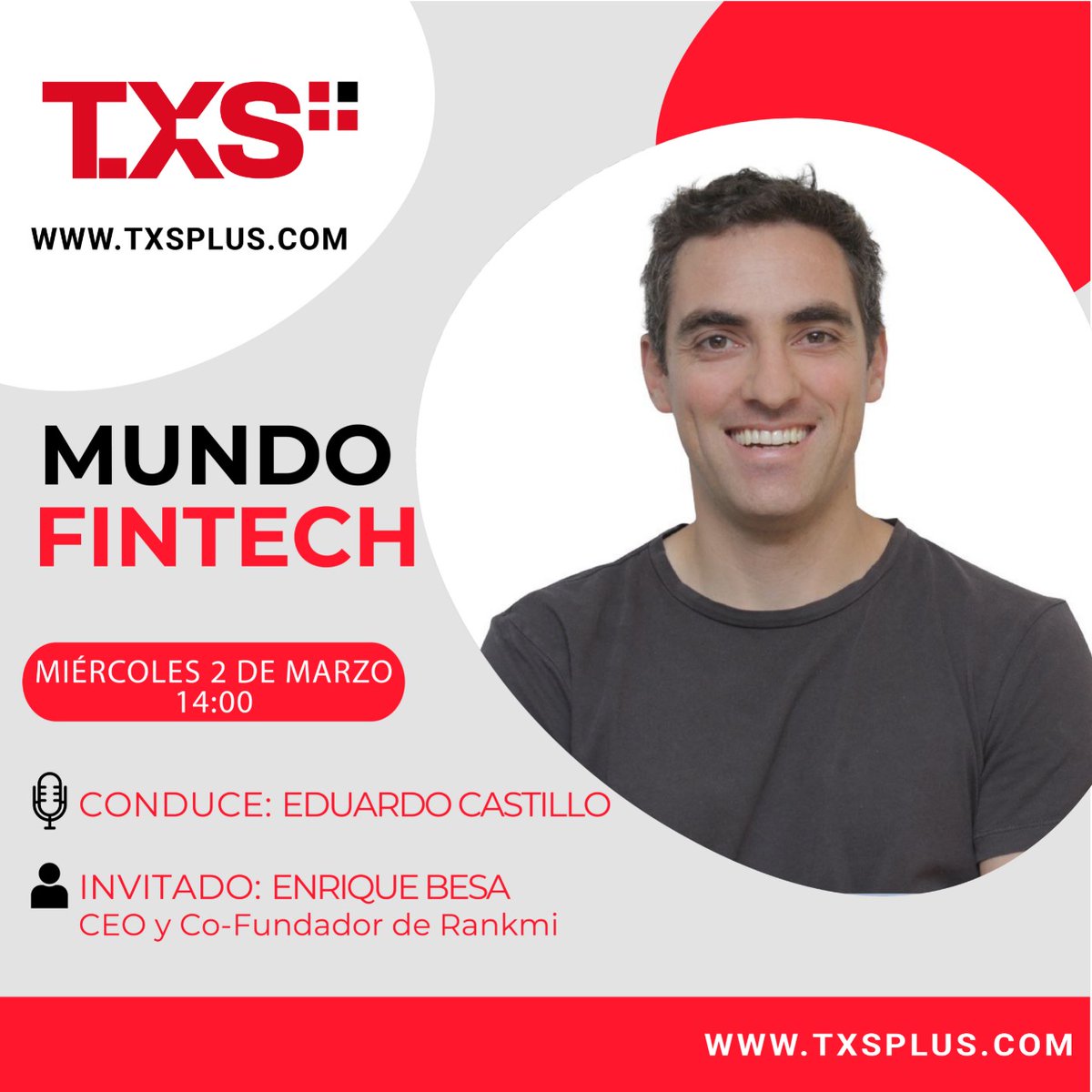 rankmioficial's tweet photo. 🗨 ¡Hoy en @txsplus!
En el programa "Mundo Fintech", nuestro CEO, Enrique Besa, 🎙 conversa con Eduardo Castillo, sobre el lanzamiento de Beneficios+ y la expansión de #Rankmi en México y Brasil.
No te la pierdas desde las 14.00 hrs. ⏰
👉Ingresa aquí: https://t.co/UXlClnM7Pd https://t.co/6io0nh1qUT