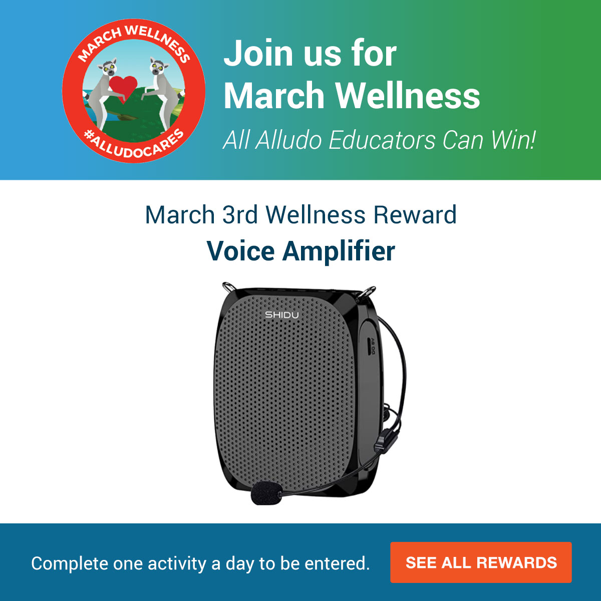 AlludoPlay's tweet photo. We're all about #TeacherChoiceAndVoice, so tomorrow's #MarchWellness reward is also all about making your voice heard in the classroom! Finish one activity inside the Alludo #PDPlatform for a chance to win a voice amplifier. See more upcoming prizes here: https://t.co/Sm4ZsnEM1A https://t.co/A7dc7xOw0L