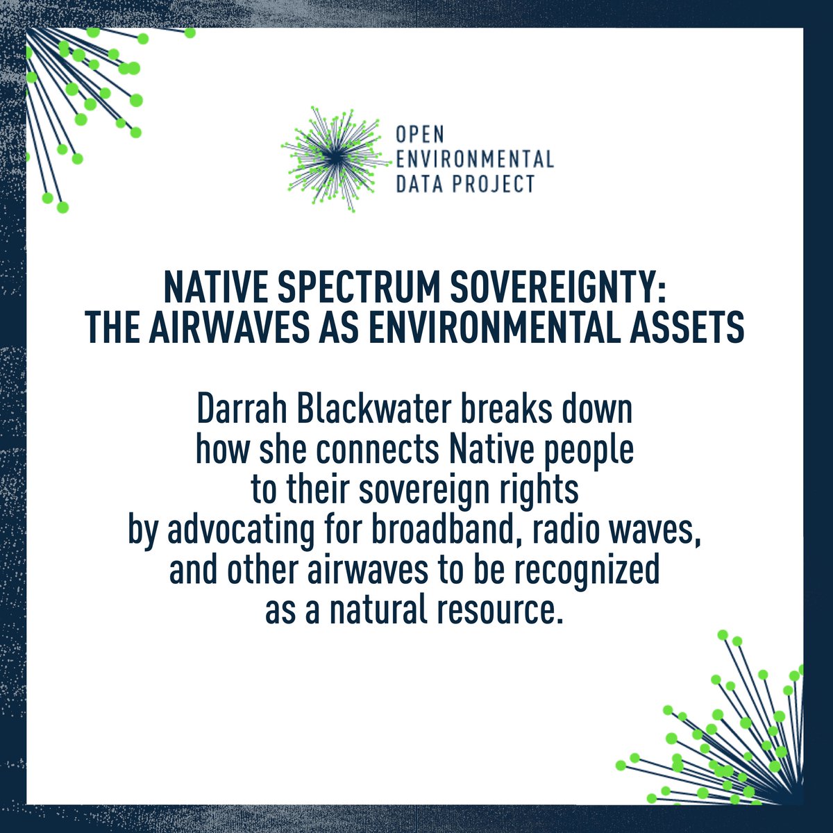OpenEnviroData's tweet photo. In this set of episodes, @blackwatersoul breaks down her inspiring work on #SpectrumSovereignty. Here, she expands thinking about #EnvironmentalData to include #Spectrum (5G, 4G) and explains the importance this has for #Native communities. Listen where you get your podcasts πΆ https://t.co/RxgqHhcqlR