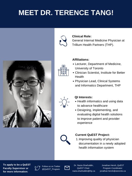 Meet Dr. <a href="/terence_c_tang/">Terence Tang</a>, a general internal medicine physician <a href="/THP_hospital/">Trillium Health Partners</a> &amp; lecturer <a href="/uoftmedicine/">Temerty Medicine</a>, among others! His current <a href="/QuEST_Program/">QuEST Program</a> project focuses on improving the #quality of physician documentation in a new health information system.