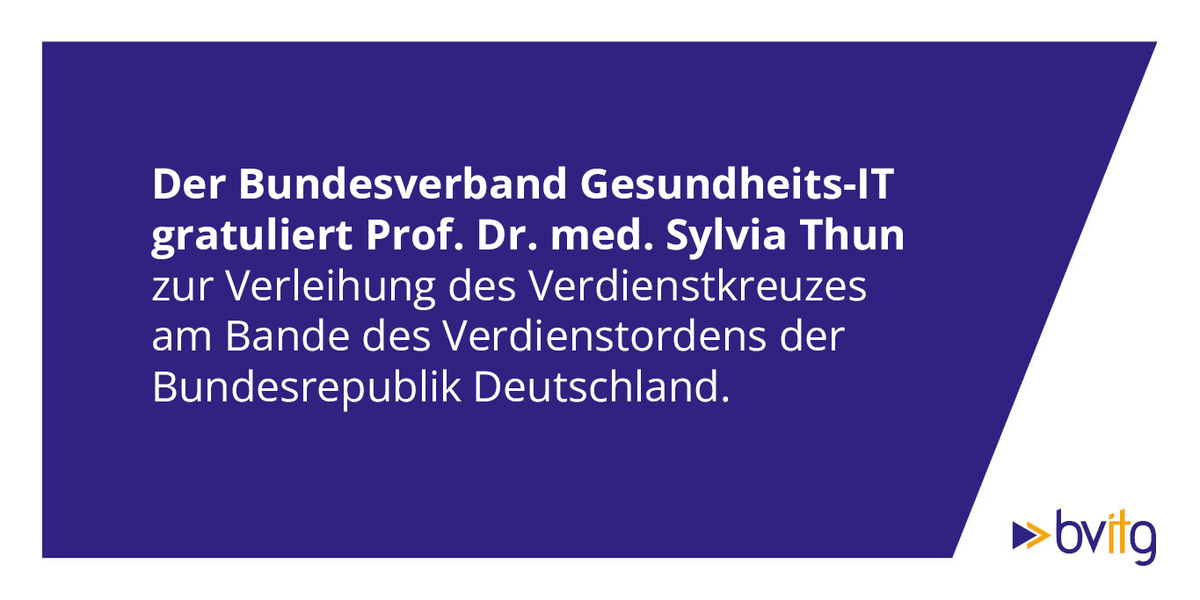 bvitg's tweet photo. Der Bundesverband Gesundheits-IT gratuliert @ProfThun zur verdienten Verleihung des #Bundesverdienstkreuzes für ihr Engagement zur Digitalisierung in der Medizin. #eHealth  #DigitaleVersorgung #WirmachenGesundheitdigital https://t.co/m55Kt3NHfL