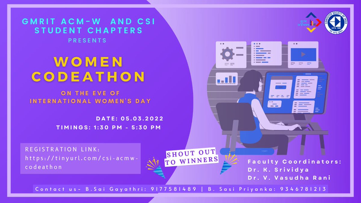 gmritacm_w's tweet image. Hey there women!✨

&quot;The empowered women is powerful beyond measure and beautiful beyond description&quot;🦋

On the eve of *International Women&apos;s day* we CSI and ACM-W student chapters are collaborating🤝  to plan a codeathon just for women!👩‍💻
#Acm
#Acmwomen
#codethon 
#womensday