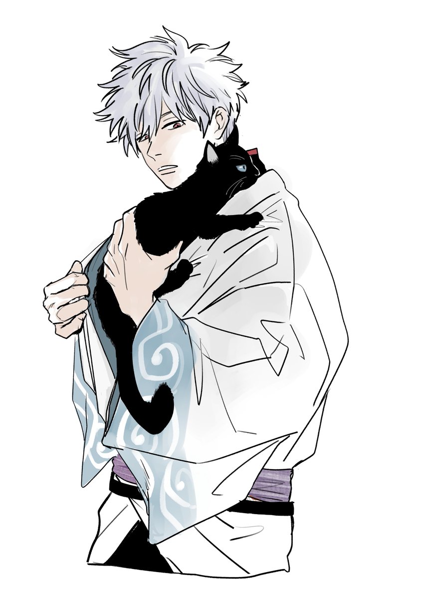 sakata gintoki 1boy male focus japanese clothes black cat cat animal kimono  illustration images