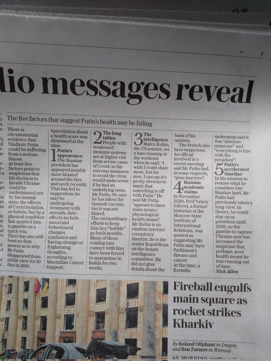 ChrisDod1's tweet photo. This needs to gather more credence. In the #Telegraph today. But I have not seen it on the main TV news channels. Why? The fact that it is very likely that #putin is seriously ill. So it's time to get #putinill or perhaps #putinsick ! trending. #SlavaUkraini #StandWithUkraine https://t.co/hfVqYXpLxC