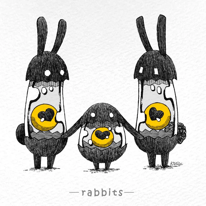 #うさぎの日 
ウサギ兄弟のタングル&amp;パフと妹分のバブル🐰🐰🐰

#タマゴノマモノ 
#イラスト 