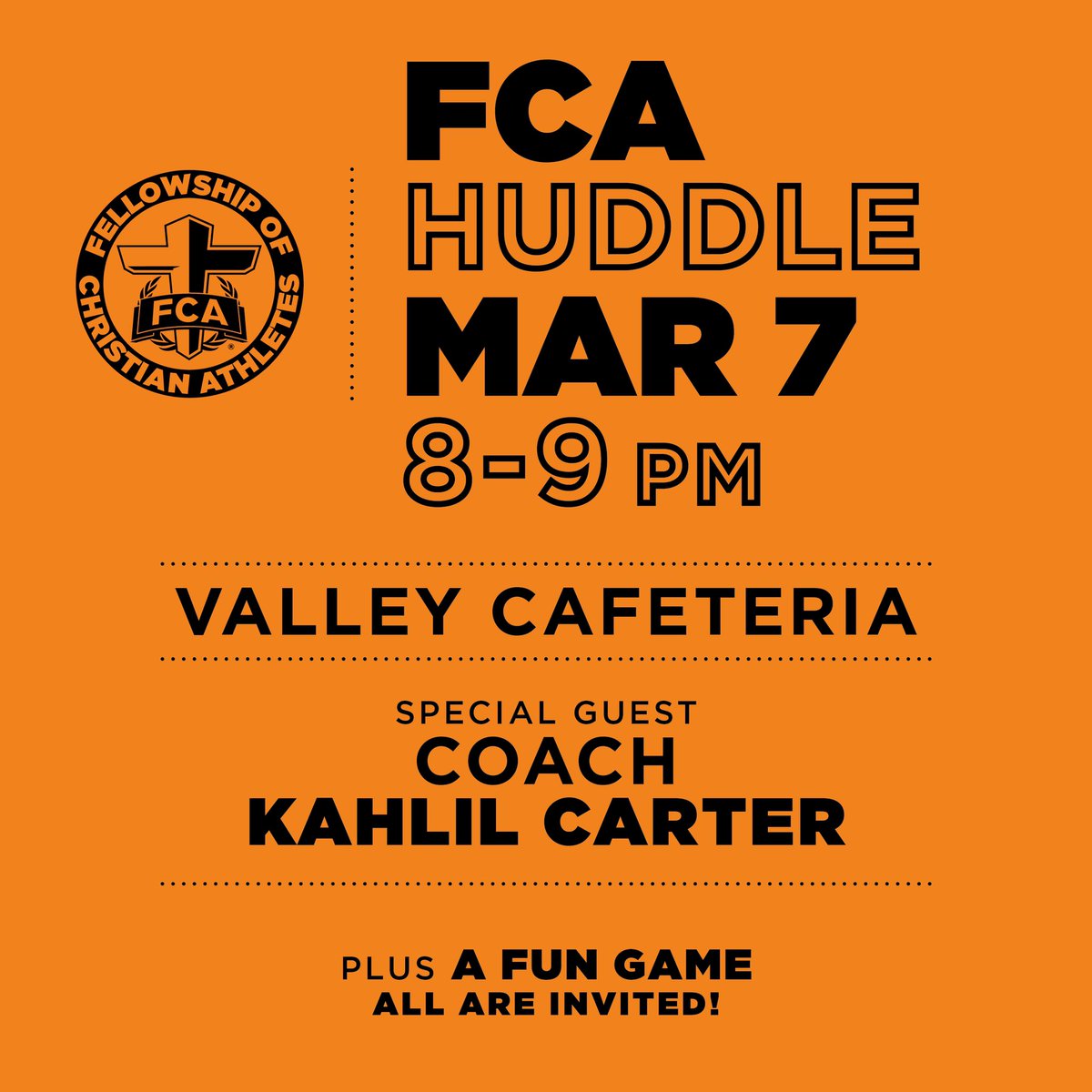 Valley_FCA's tweet photo. 🚨 FCA HUDDLE MONDAY!
📅 MAR 7
⏰ 8-9 pm 
📍 Valley CAFETERIA
🎤 Khalil Carter https://t.co/F69lE95WBh