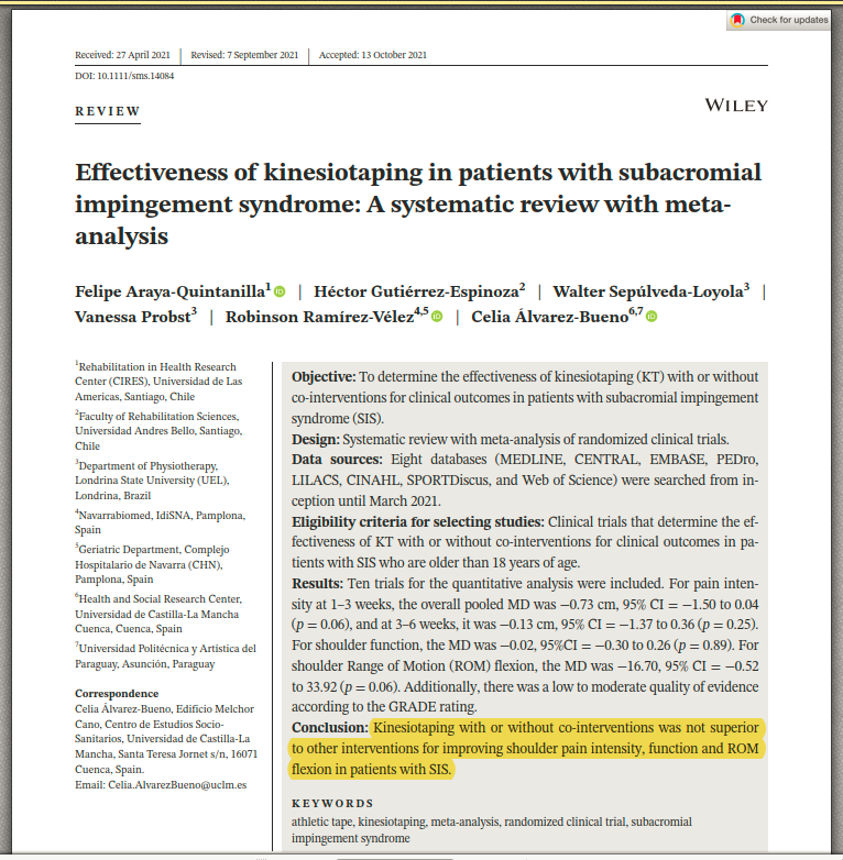 PhysioMeScience's tweet image. Effectiveness of kinesiotaping in patients with subacromial impingement syndrome: A systematic review with meta-analysis

👀👀👇👇
onlinelibrary.wiley.com/doi/10.1111/sm…