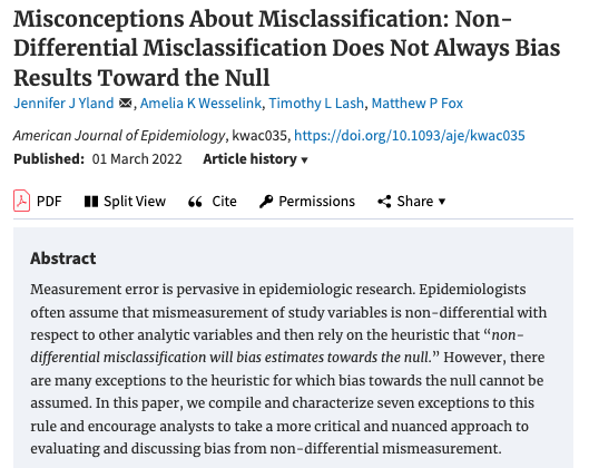 When does non-differential #misclassification *NOT* cause bias towards the null, and why should we avoid over-reliance on #heuristics? This paper was super fun to write up with <a href="/ProfMattFox/">Matthew Fox</a> @AKWesselink and Tim Lash! Now out in <a href="/AmJEpi/">Am J Epidemiology</a> 

#epitwitter

academic.oup.com/aje/advance-ar…