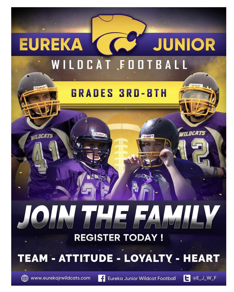 Jr. Wildcat Football Registration is now OPEN. Eureka football will develop your son as a leader in our community! Give your son the opportunity to maximize both mental &amp; physical strength as they become men!     eurekajrwildcatsfootball.com