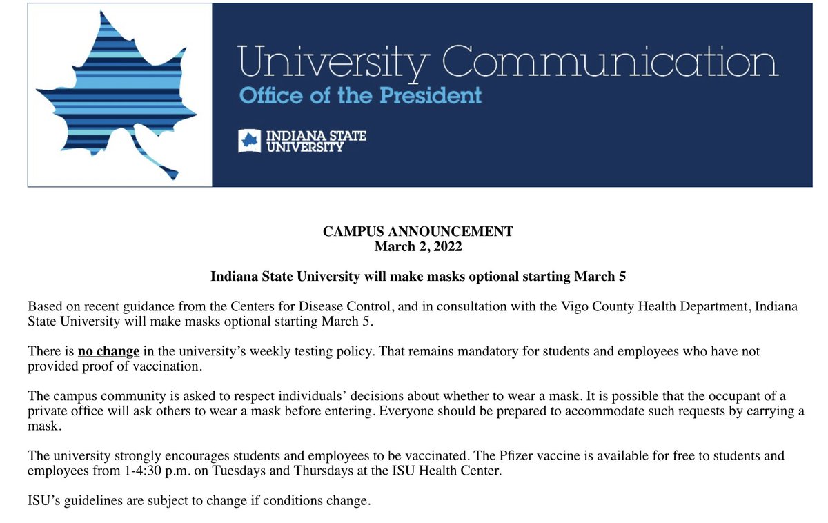 Based on recent guidance from the Centers for Disease Control, and in consultation with the Vigo County Health Department, Indiana State University will make masks optional starting March 5. bit.ly/3Hz8UNB

#SycamoreStrong