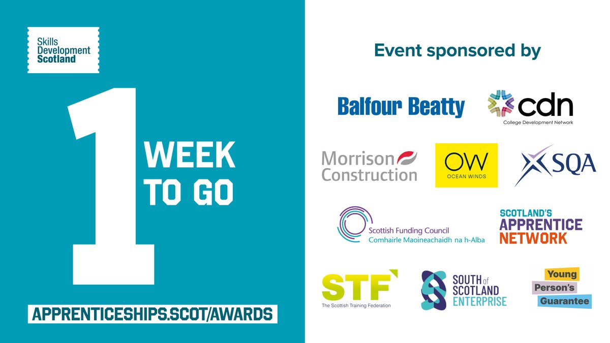 It's only 1 week to go until the #ScotAppAwards on Wed 9 March

📅7.00pm-8.00pm

Don't miss out, register for free: fal.cn/3mBAF

<a href="/ColDevNet/">CDN</a> <a href="/BalfourBeatty/">Balfour Beatty</a> <a href="/SoSEnterprise/">South of Scotland Enterprise</a> <a href="/stfscotland/">STF (Scottish Training Federation)</a> <a href="/morrisonbuilds/">Morrison Construction</a> <a href="/ScotFundCouncil/">Scottish Funding Council</a> <a href="/SQA/">Å</a> #ScotAppNetwork #YPGuarantee #ScotAppWeek22