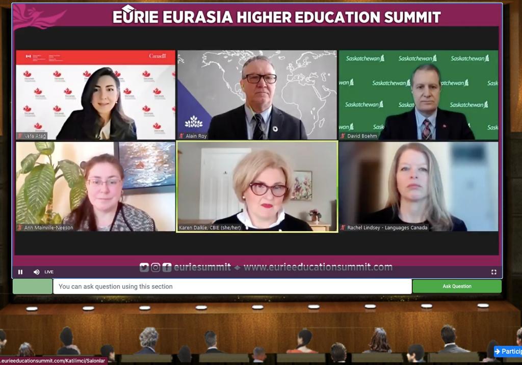 EURIESUMMIT's tweet photo. Happening NOW!
Huge support from #EURIE2022’s Country Partner Educanada
Panel session by leaders of Canadian #HE @univcan and Institutions Canada Canadian Bureau for International Education @LangCanada are sharing how Canada became an #Intedu Powerhouse is live streaming! https://t.co/MJzzRzkEp9