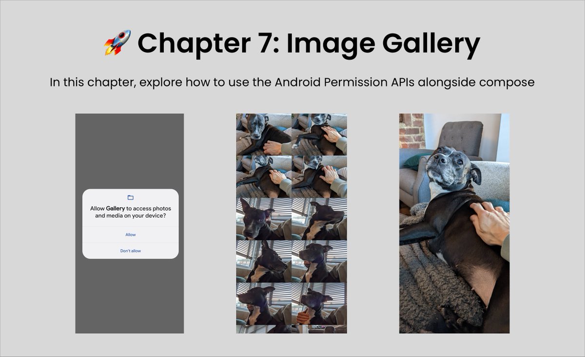 Chapter 7 of Practical Jetpack Compose has now been added to the beta release 🚀  Learn how to use the Android Permission APIs alongside compose, as well as content grids and image loading ✨ #JetpackCompose #AndroidDev practicaljetpackcompose.com