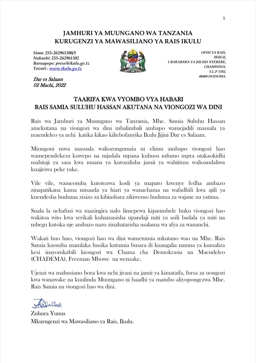 ikulumawasliano's tweet photo. TAARIFA KWA VYOMBO VYA HABARI. @venusnyota https://t.co/hxK2QHoIQ2