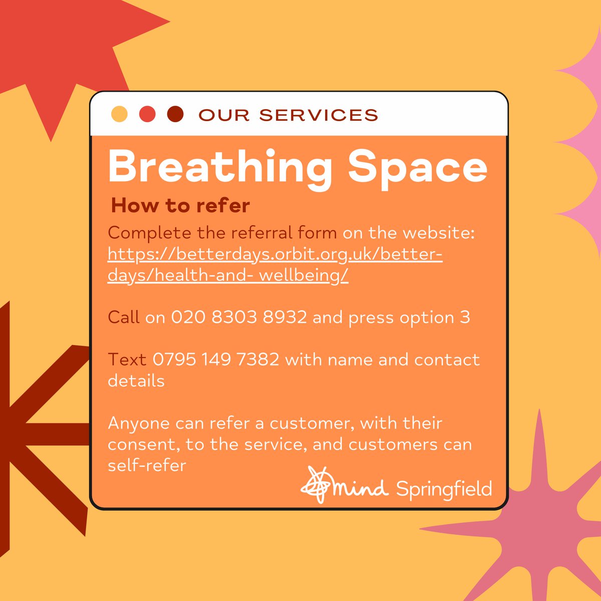 worcsmind's tweet photo. This week we introduce you to Breathing Space 💨🌌, one of our services that aims to help those experiencing low mood, anxiety, loss, feeling worried, lonely, isolated, etc., and are not currently receiving any support.
#springfieldmind #ourservices https://t.co/jDGMUoSQXk