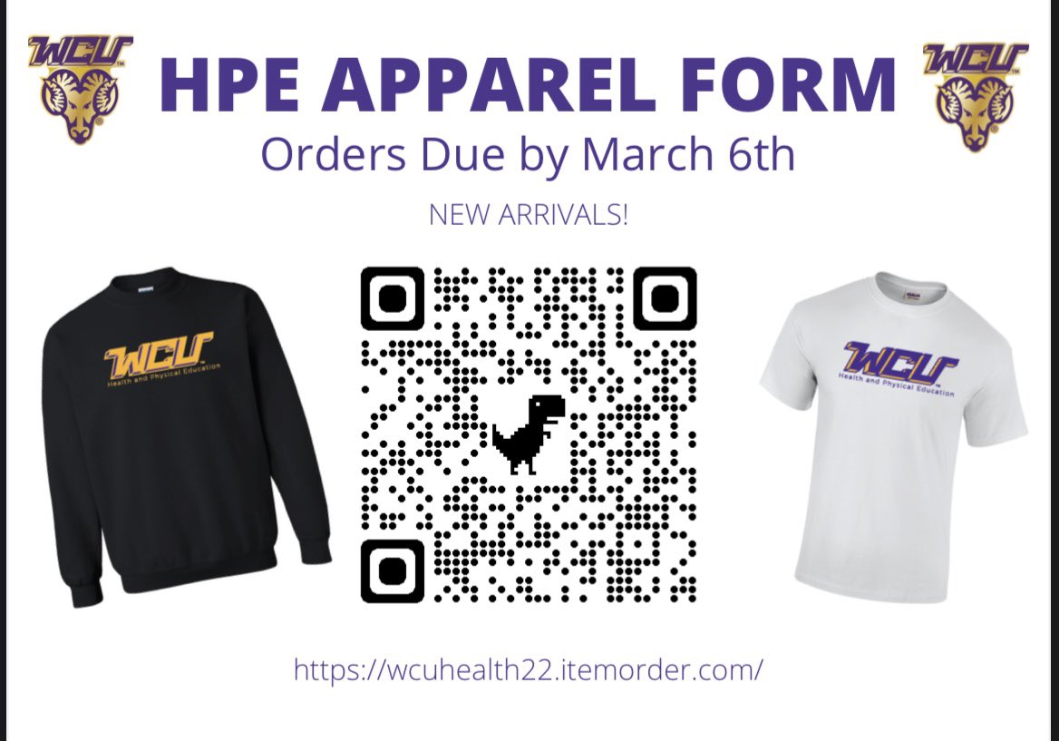 Make sure to place an order for HPE Apparel! Forms are due this Sunday, March 6th!

Here’s the link! 

Apparel link below! ↓↓↓↓
wcuhealth22.itemorder.com