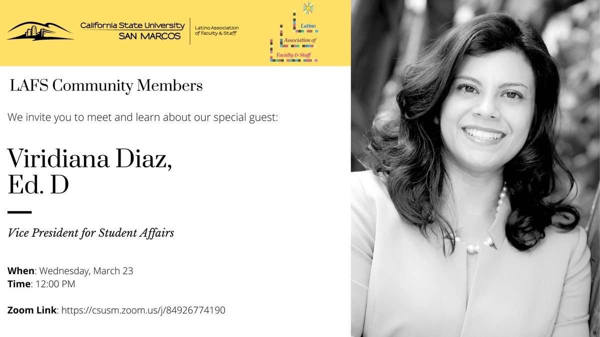 csusm_lafs's tweet image. Hello fellow LAFS community members,
We are excited to host a virtual meet and greet this month with Dr. Viridiana Diaz, Vice President for Student Affairs. Please join us in welcoming our special guest on Wednesday, March 23 @ 12:00 pm.
Zoom link: csusm.zoom.us/j/84926774190